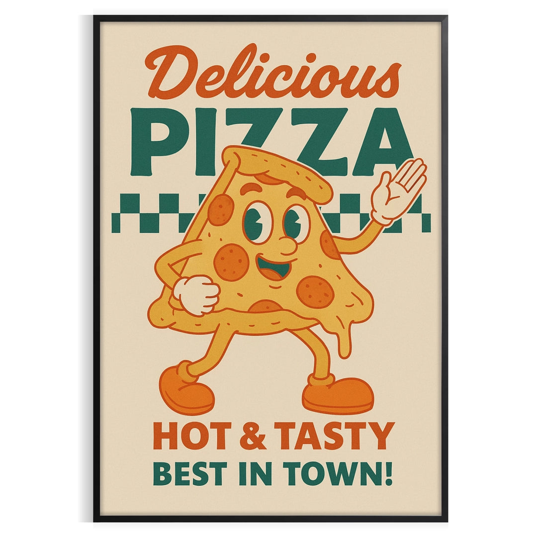 Blue and orange vintage pizza kitchen poster with colorful retro illustration