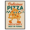 Blue and orange vintage pizza kitchen poster with colorful retro illustration