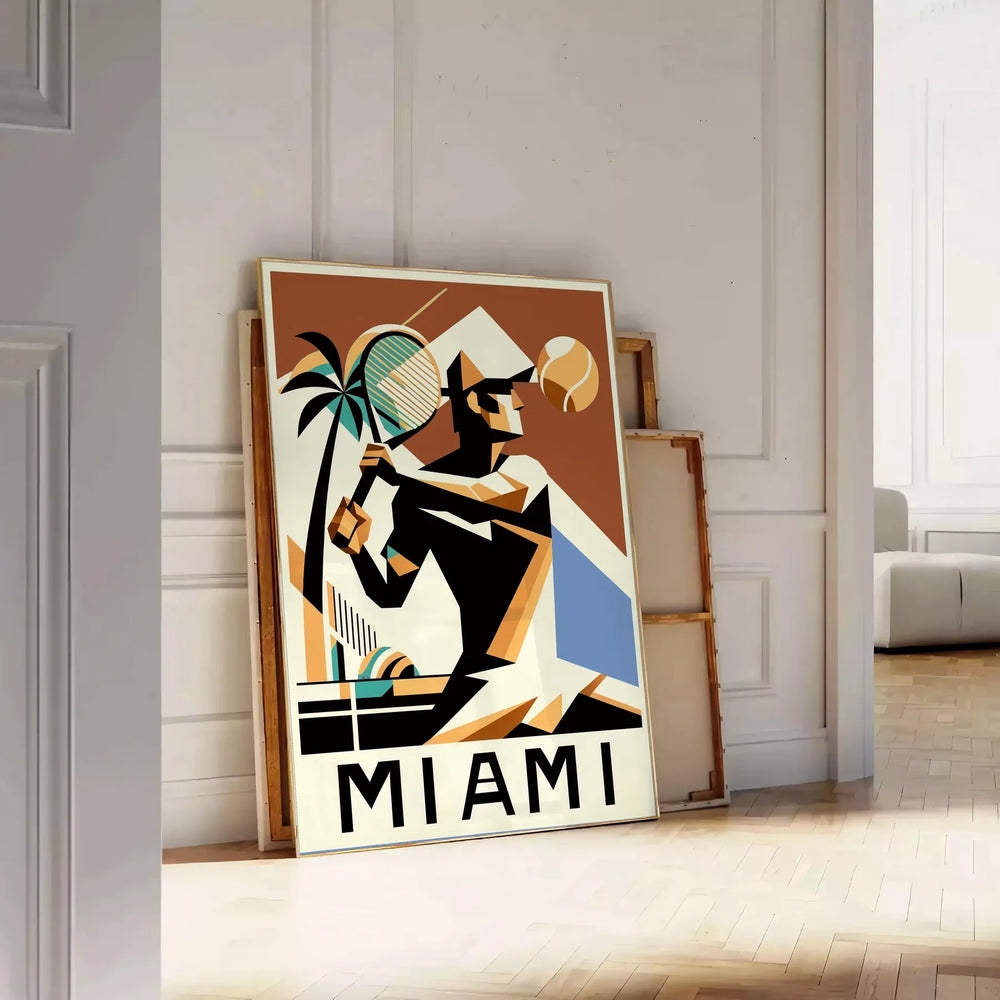 White and green Miami tennis poster, minimalist retro artwork style