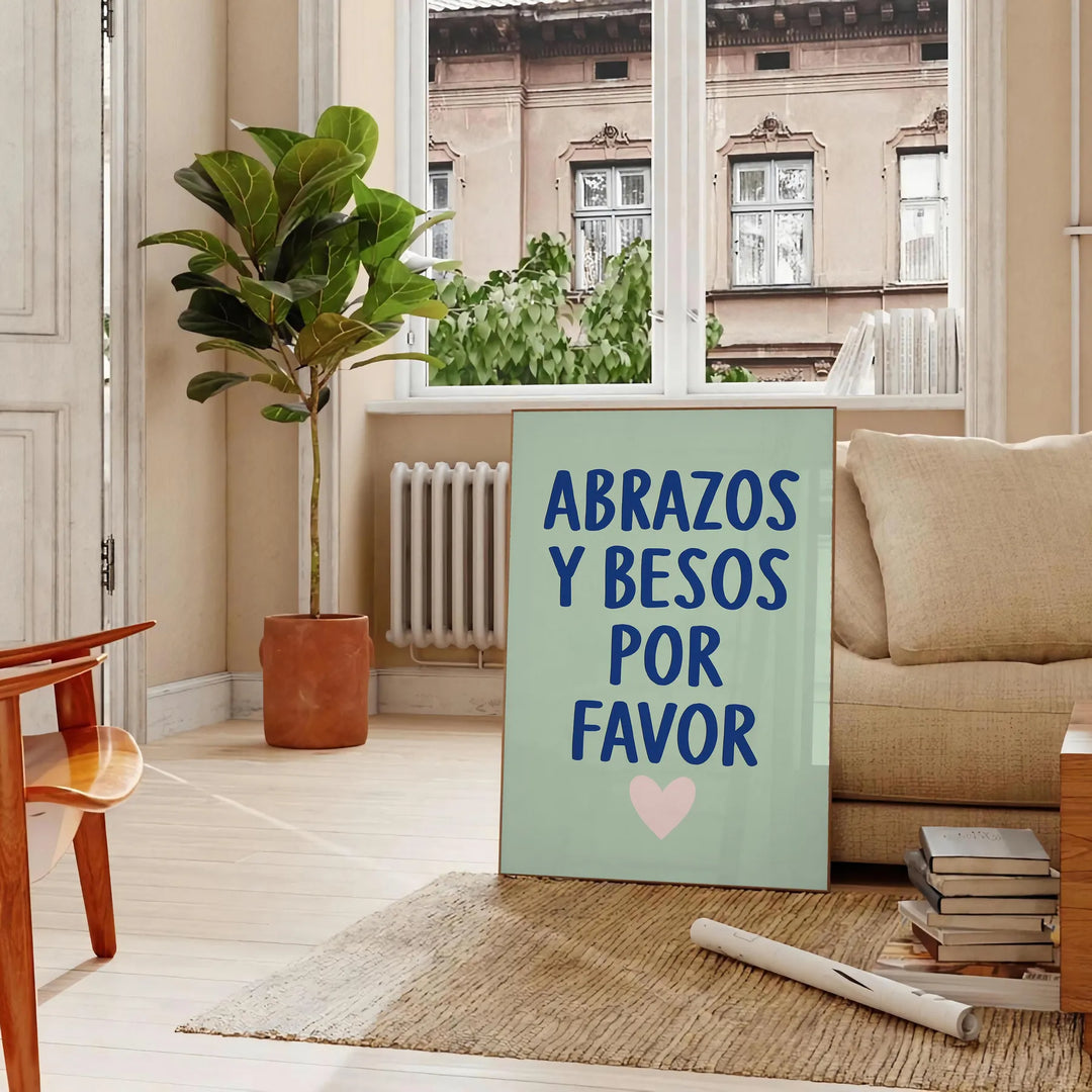 Typography poster featuring 'Abrazos y Besos Por Favor' in gray and blue