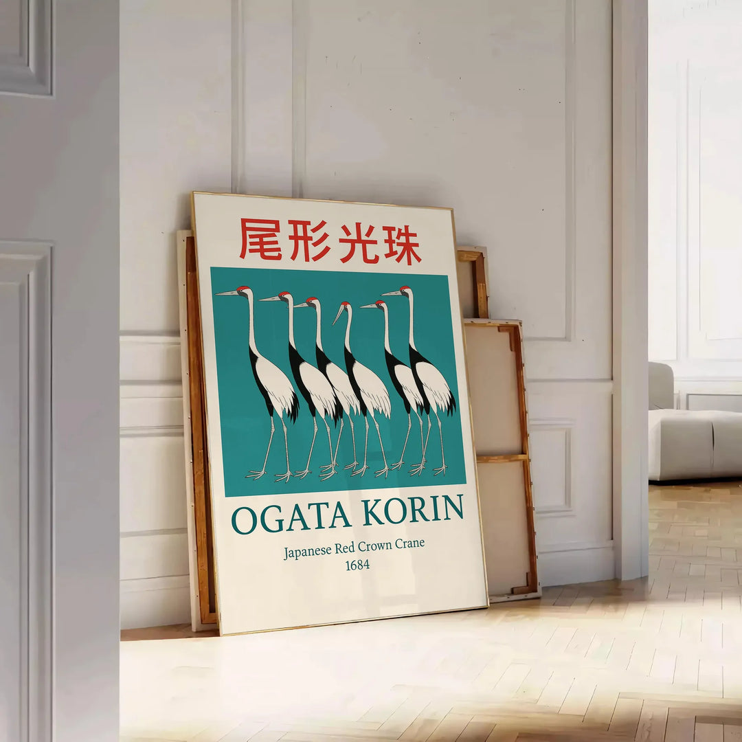 Ogata Korin poster depicting cranes in Rinpa style, blue and red