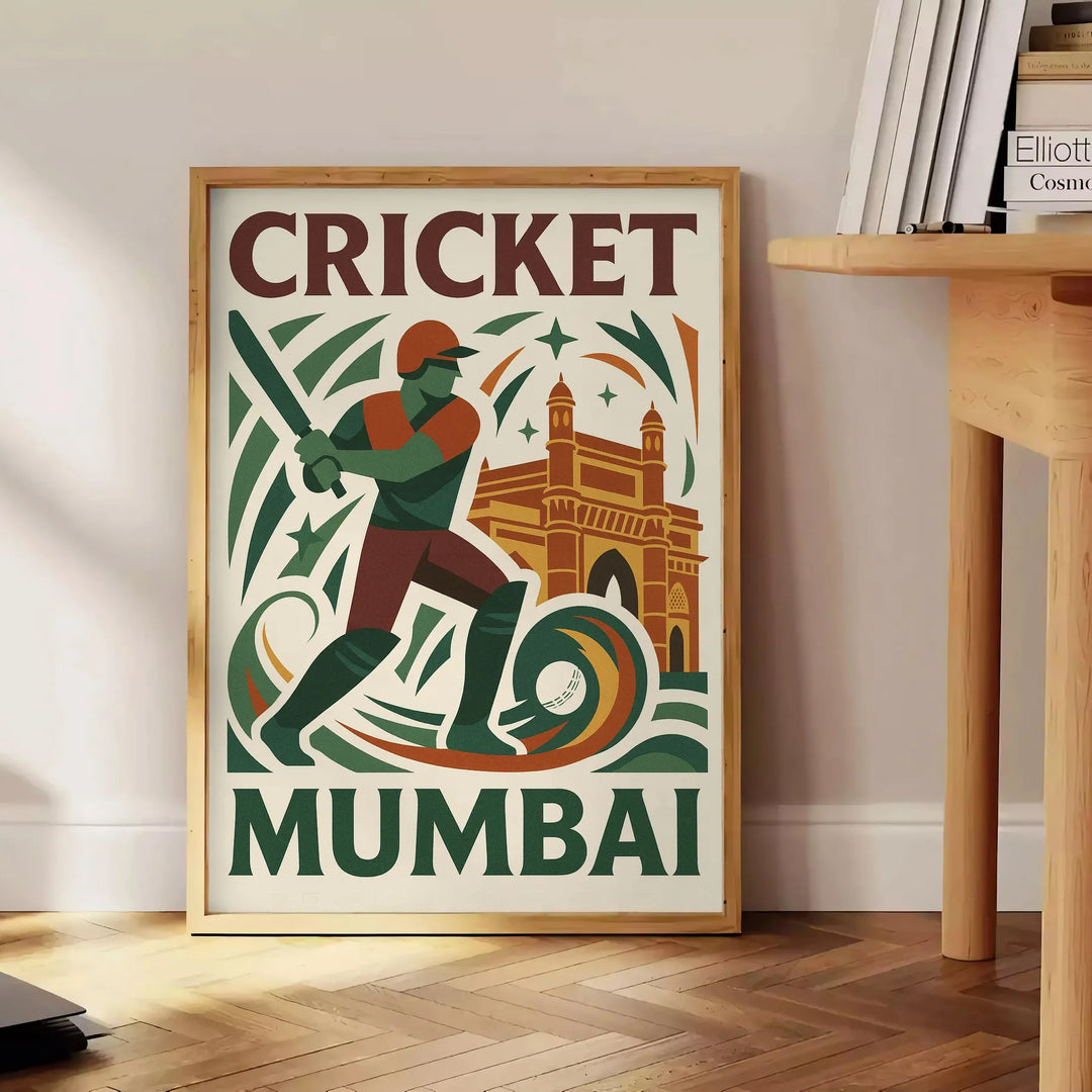 Gray and white poster of stylized cricket player, minimalist Mumbai design