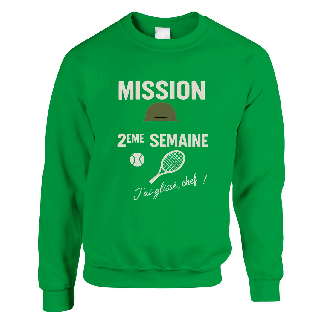 Crewneck sweater featuring 'Mission 2ème Semaine Tennis' text in bold font