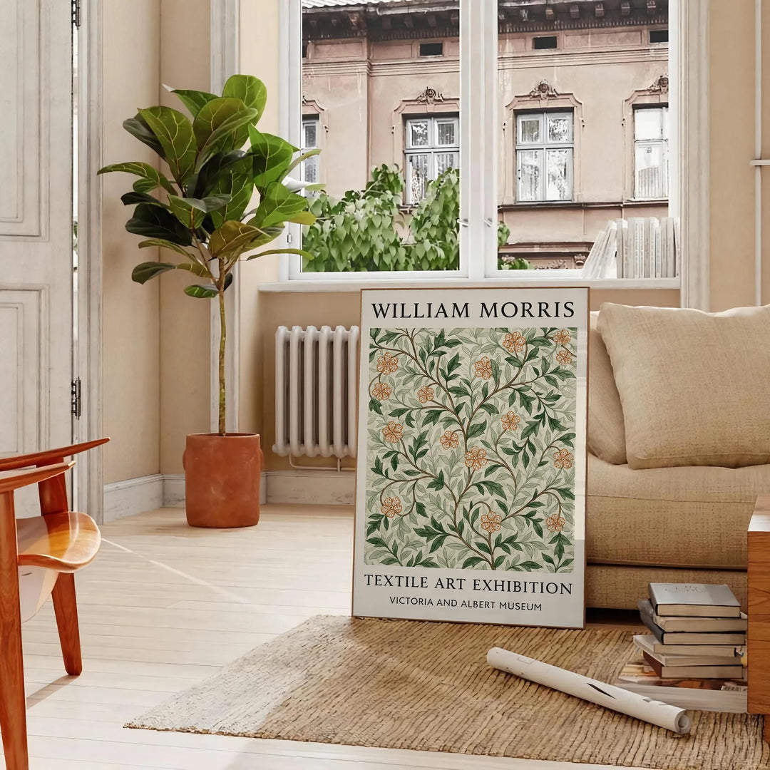 Gray and brown William Morris botanical poster in vintage decorative style