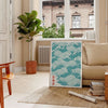 Japanese wave design in shades of blue with red and orange accents