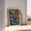 Japanese stamp-style illustration of a sailing boat on the coast