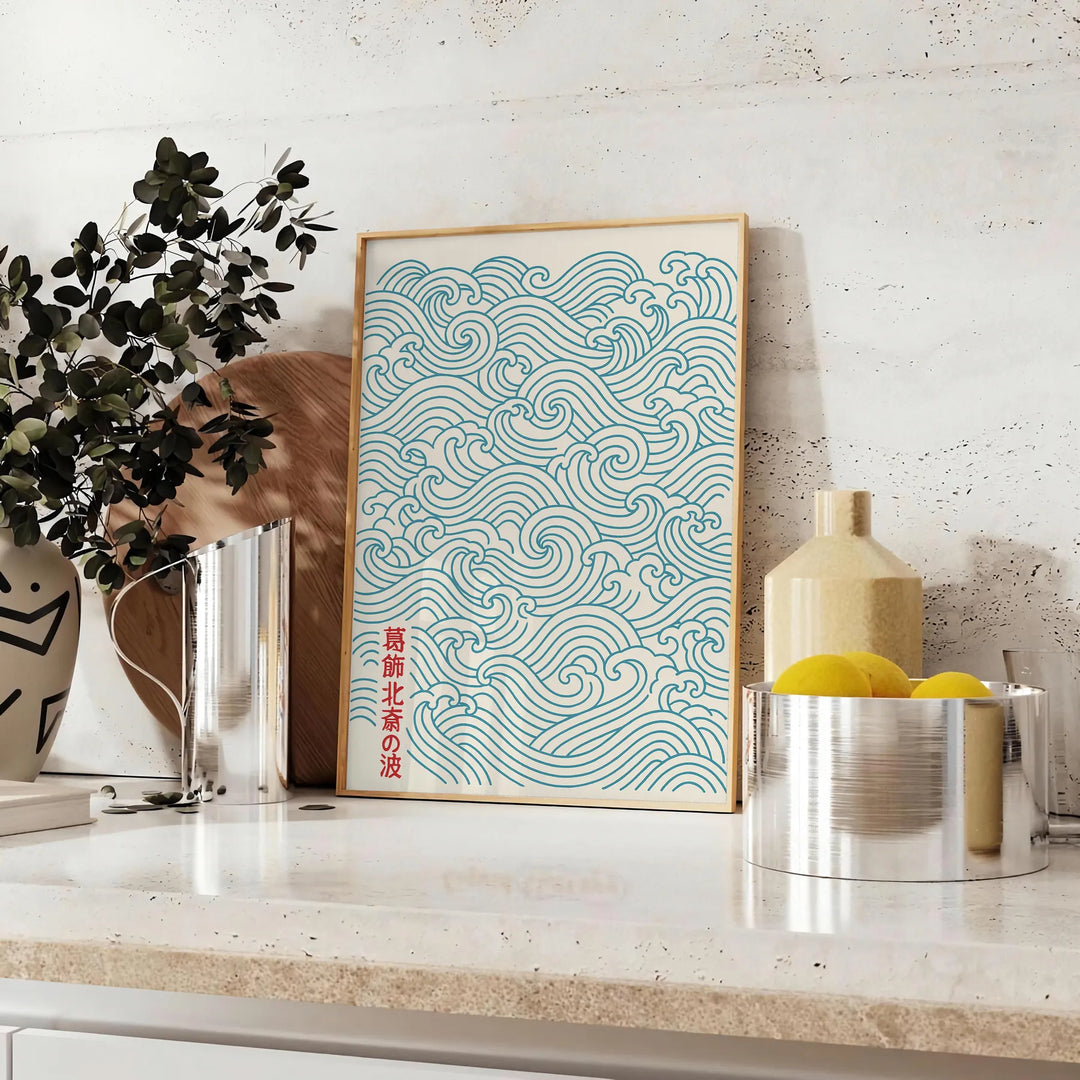 Blue, gray and white Japanese wave poster in minimalist style