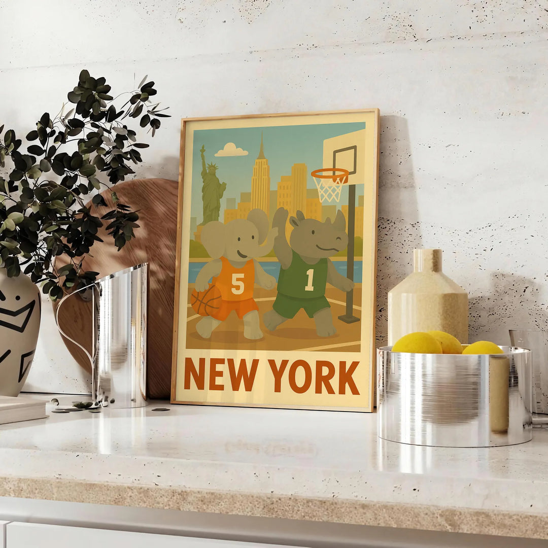 Illustration of an elephant and rhinoceros playing basketball in New York