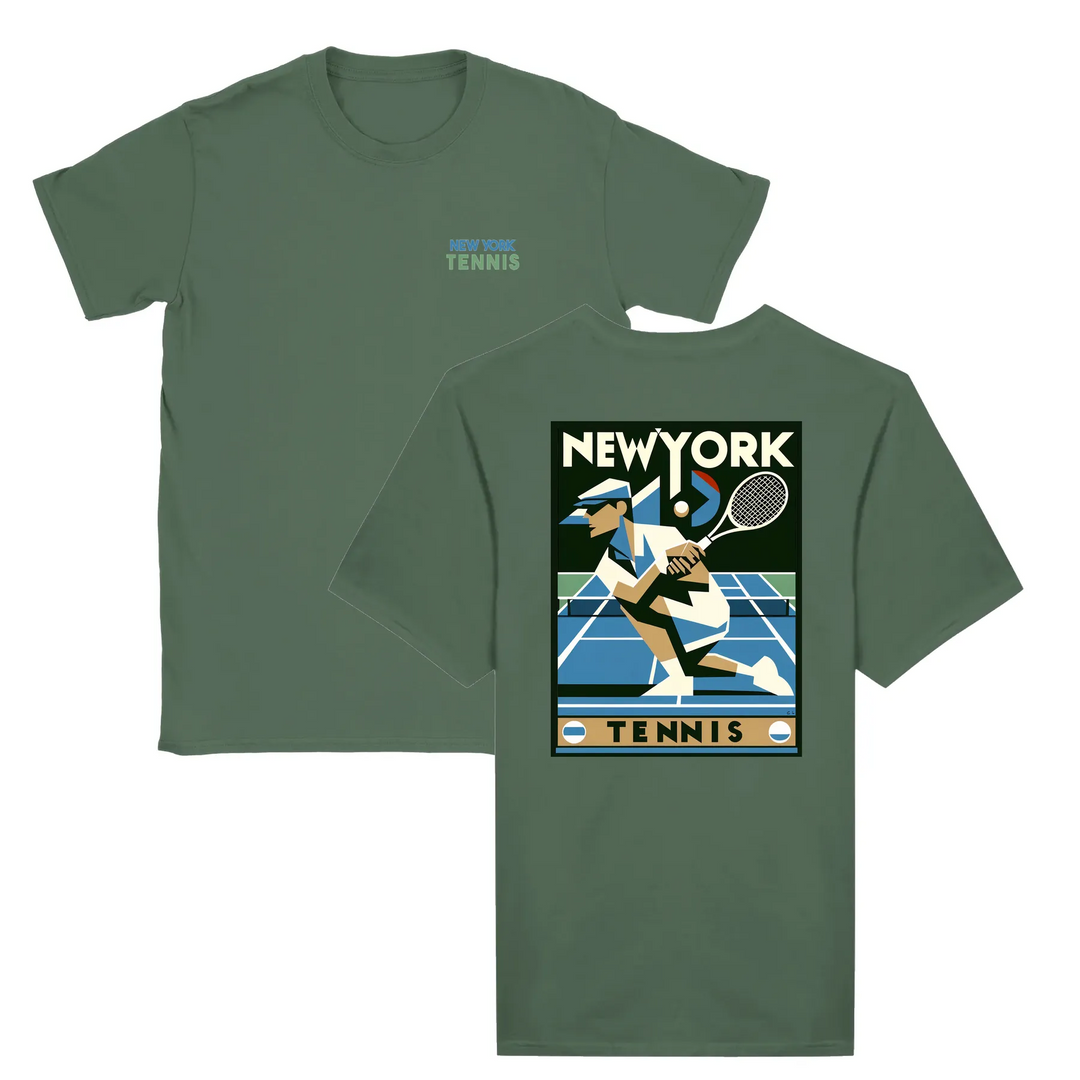 T-shirt featuring a graphic of a tennis player in action against a New York skyline