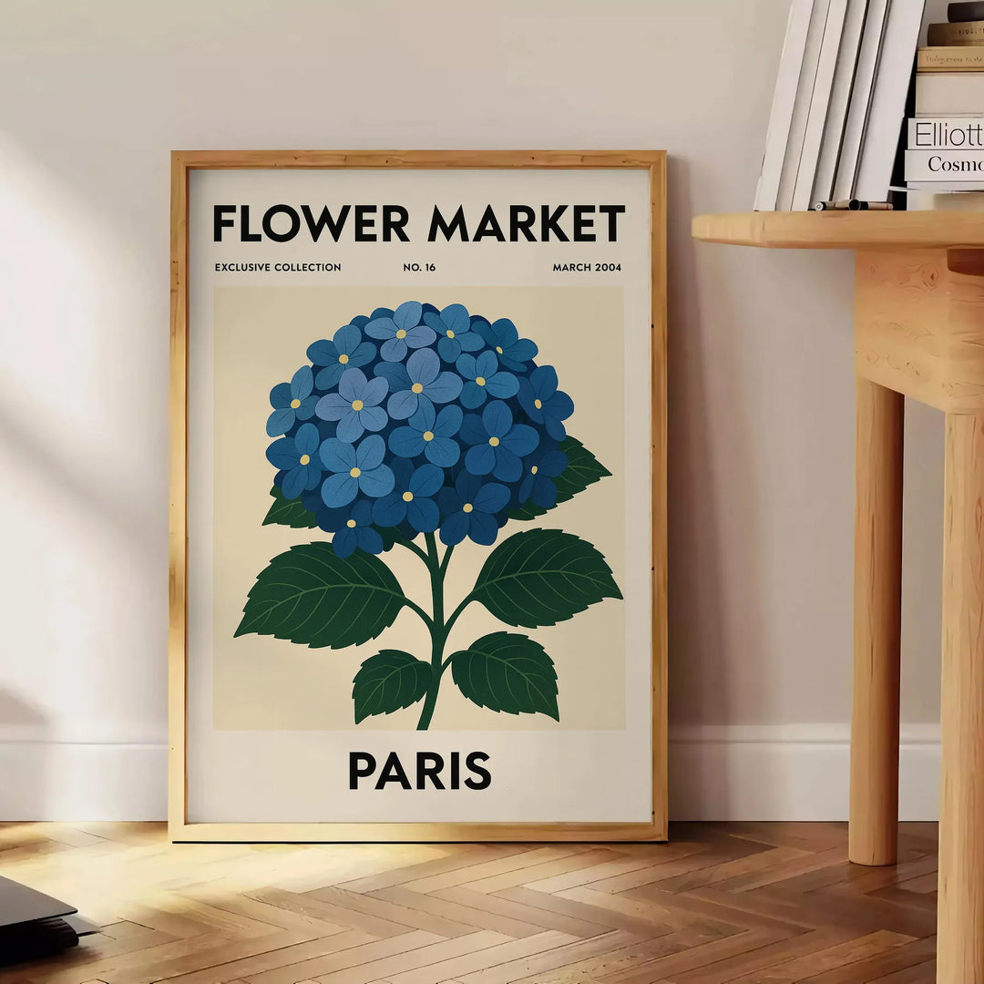 Vintage illustration of a botanical flower market in Paris with blue and gray tones