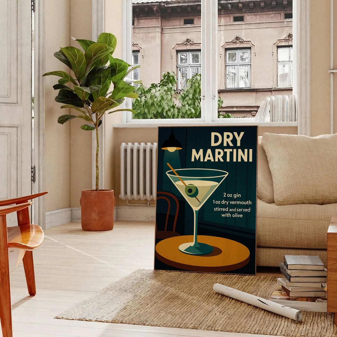Illustration of a dry martini cocktail in a minimalist style, black and gray tones