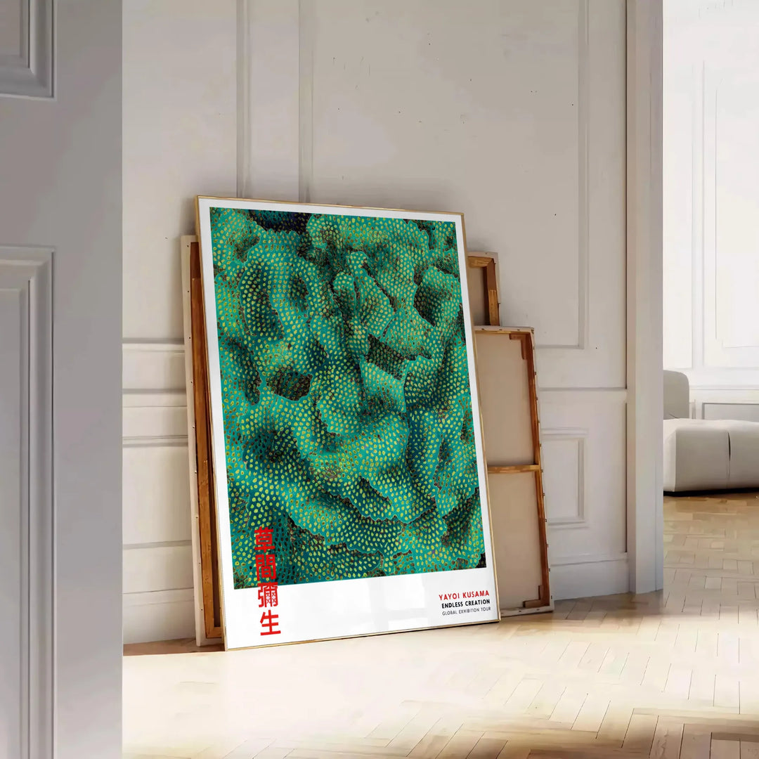 Affiche Flow de Yayoi Kusama marron et vert design abstrait contemporain