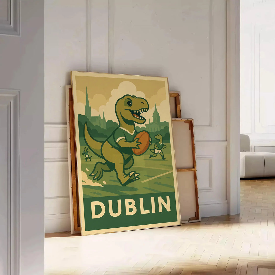 Art-deco style dinosaur playing rugby in a Dublin setting