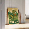 Art-deco style dinosaur playing rugby in a Dublin setting