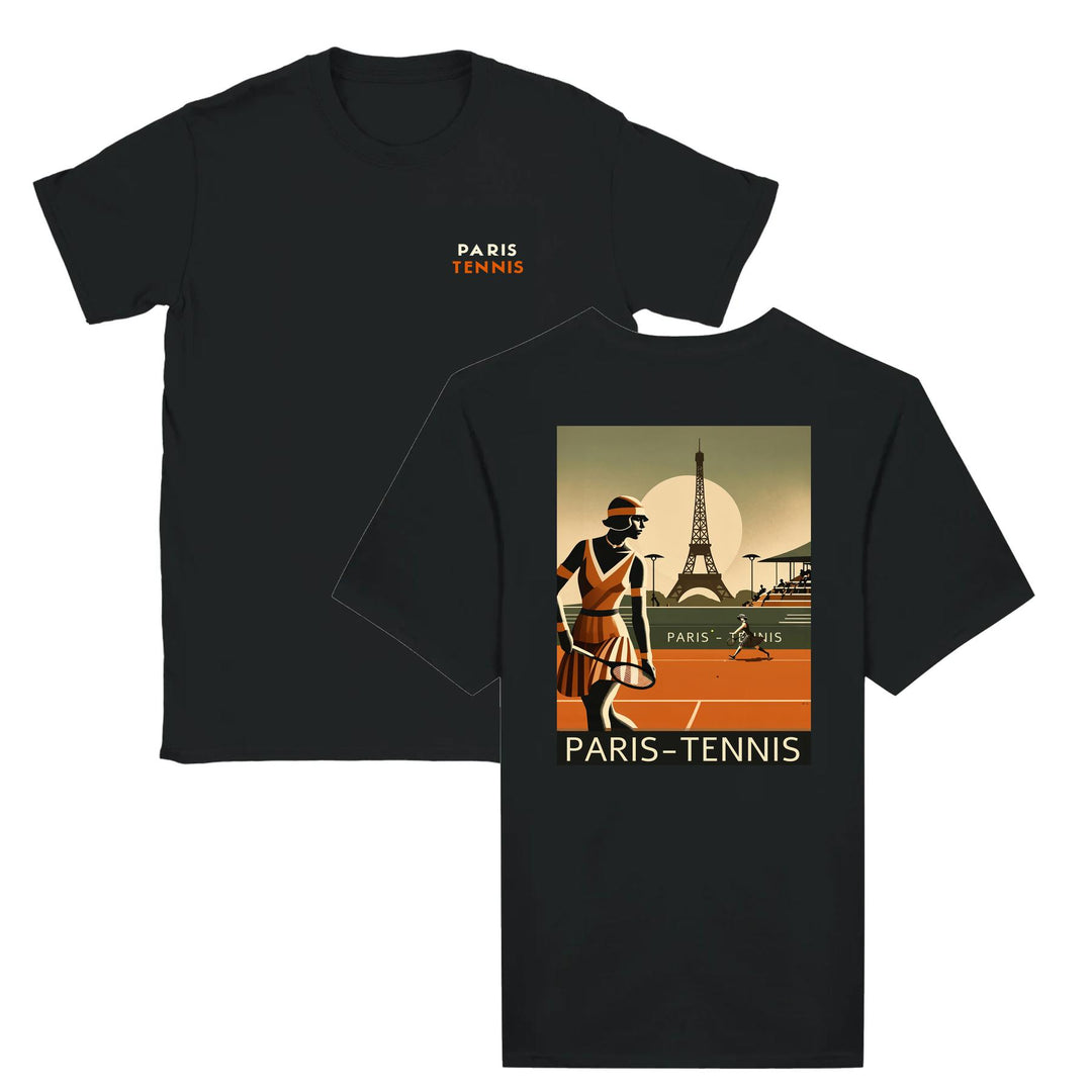 T-shirt featuring a graphic print of tennis elements and the Eiffel Tower