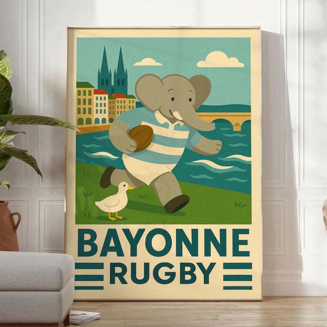 Poster showing a child elephant in vintage art deco rugby illustration