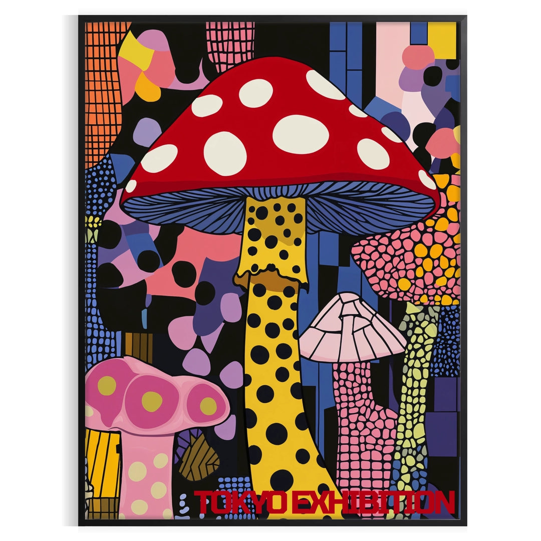 Colorful mushroom with polka dots by Yayoi Kusama, featuring green and black hues