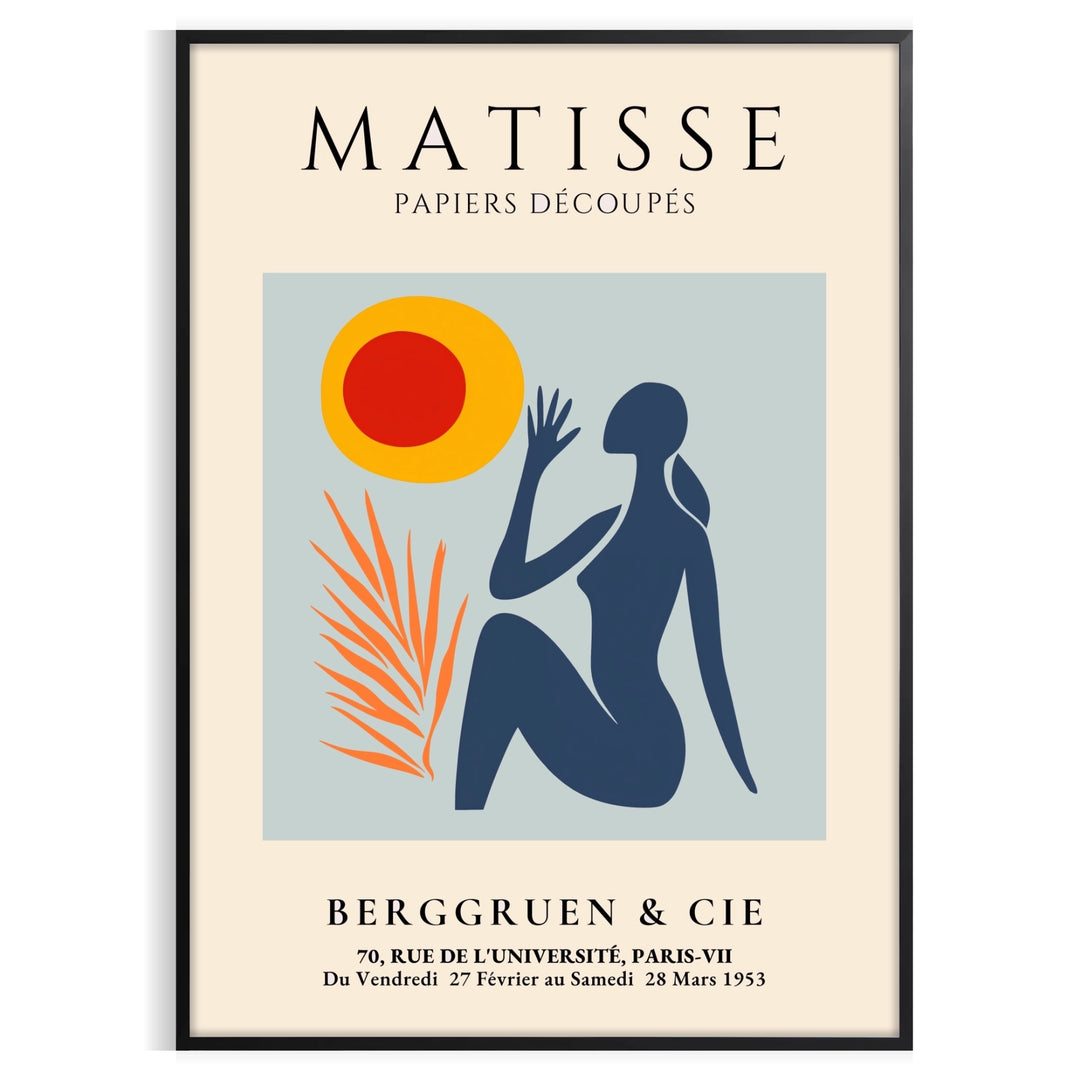 Poster of Matisse woman papiers découpés artwork in white and orange.