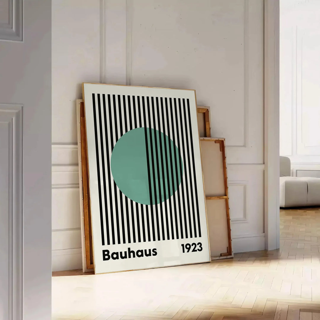 Bauhaus poster with green linear circle, blue and gray geometric minimalism