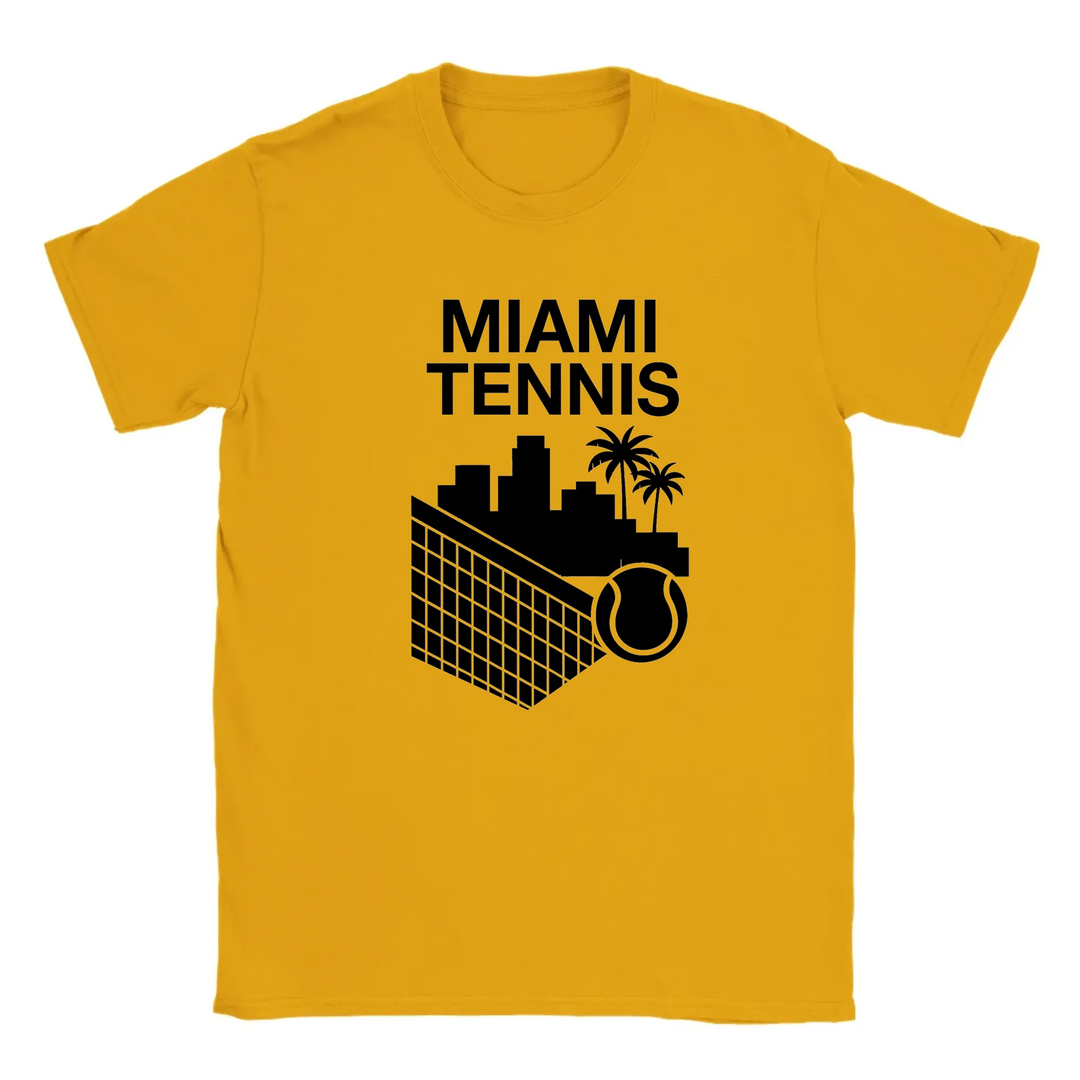 T-shirt featuring a graphic of a tennis player in action against a Miami skyline