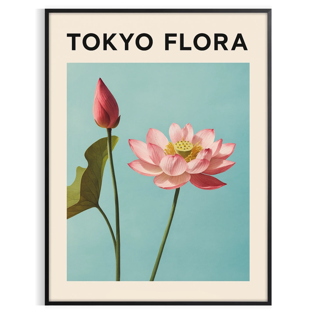 Vintage-style Tokyo flora botanical poster with green and blue tones