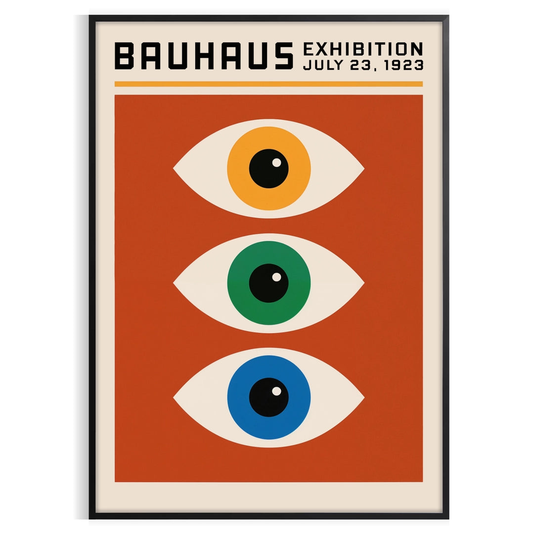 Bauhaus poster featuring stylized eyes in bold orange and green