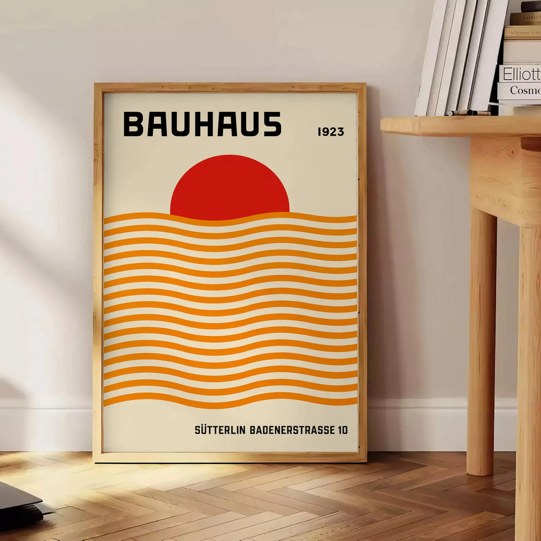 Bauhaus sun poster with red, orange and yellow geometric abstract design