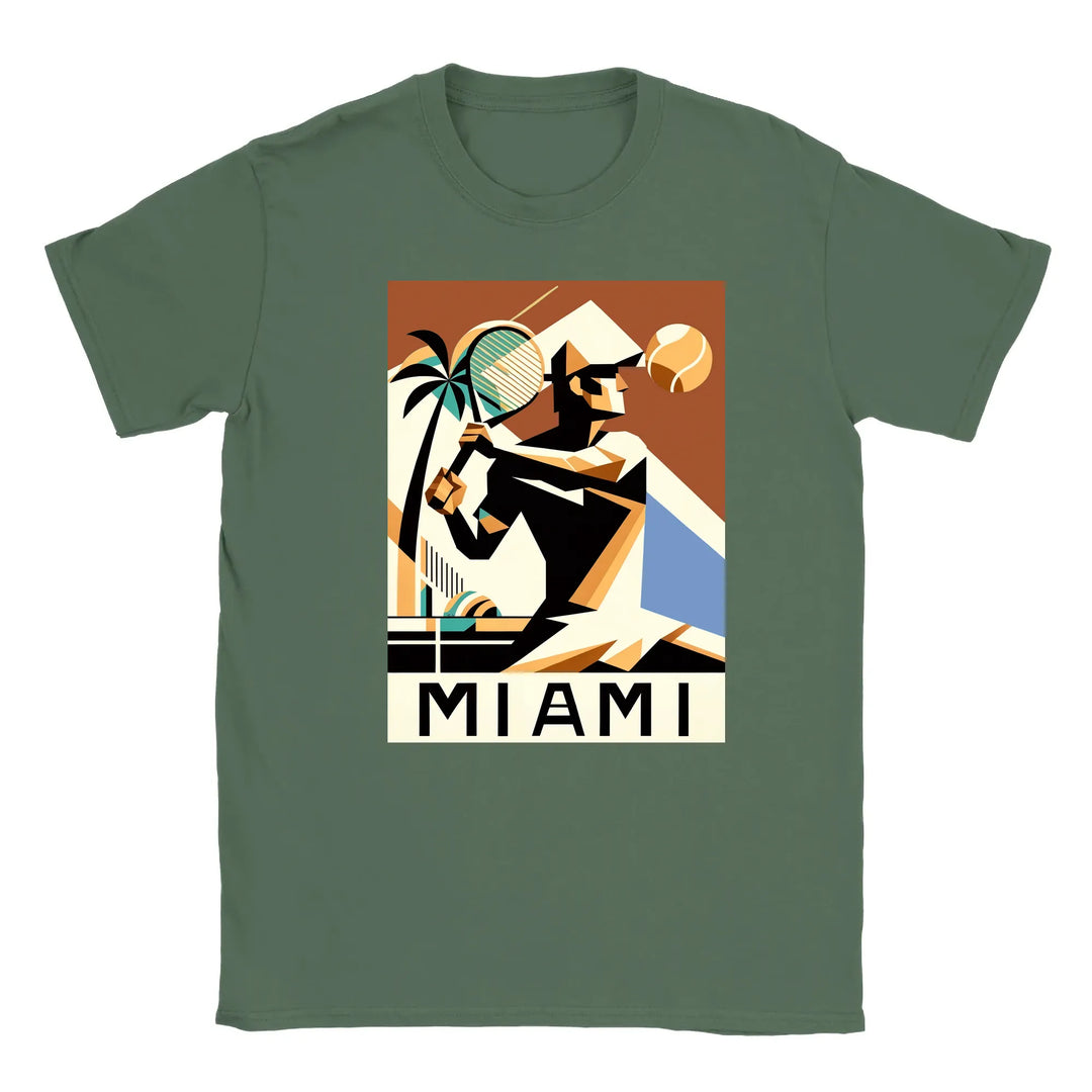 T-shirt featuring a graphic of a Miami tennis court with retro typography
