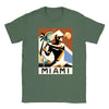 T-shirt featuring a graphic of a Miami tennis court with retro typography