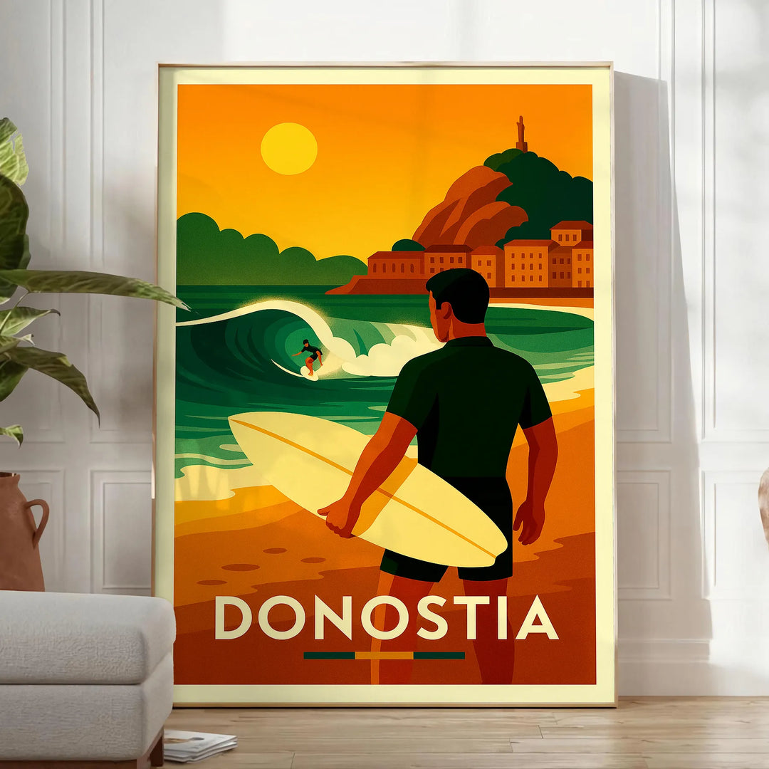 Surf scene in San Sebastian, featuring dynamic waves and surfers in vibrant colors