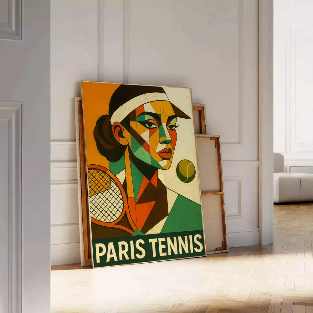 Cubist depiction of tennis players in green and orange geometric shapes