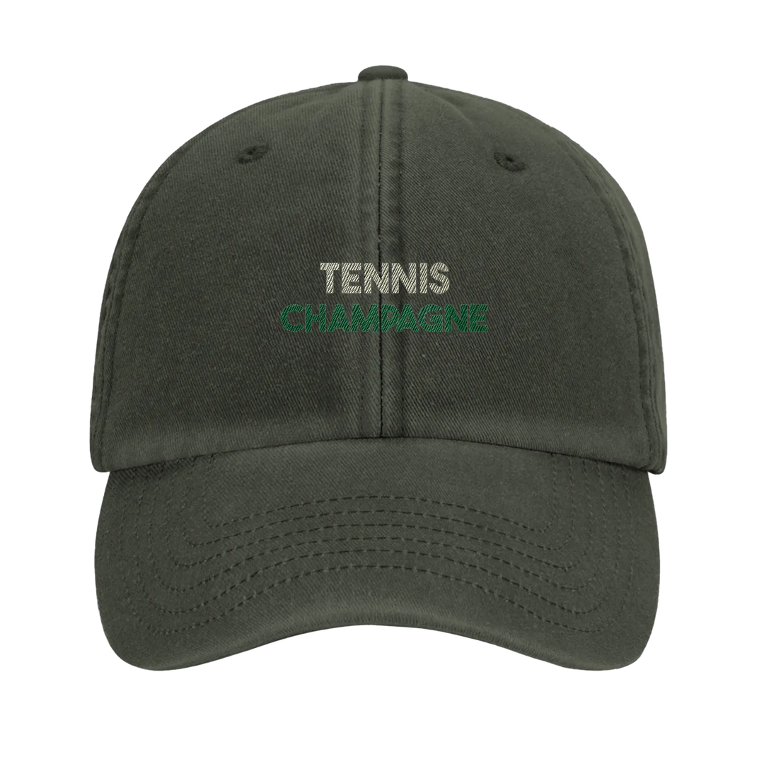 Cap featuring an embroidered vintage tennis design with champagne elements