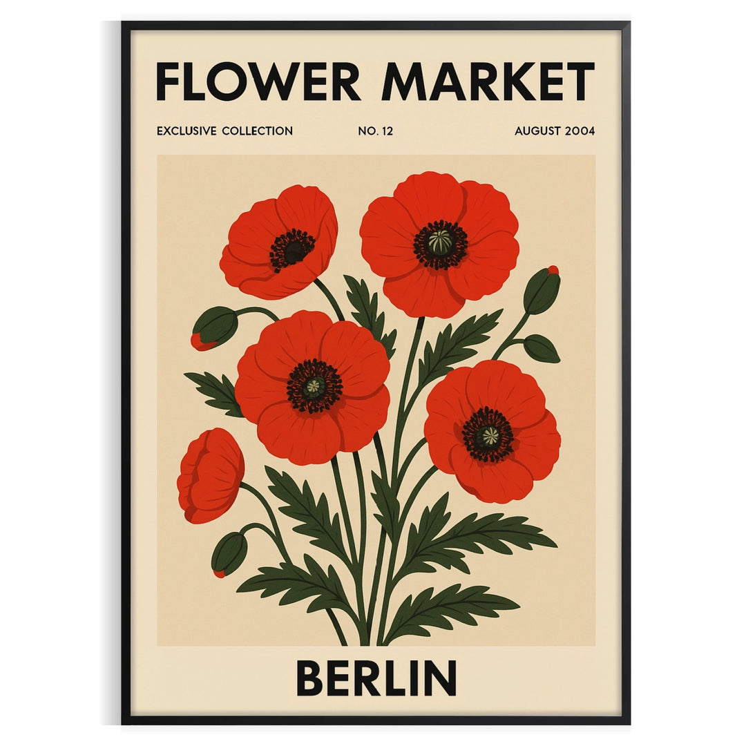 Botanical poster of Berlin flower market in black and red