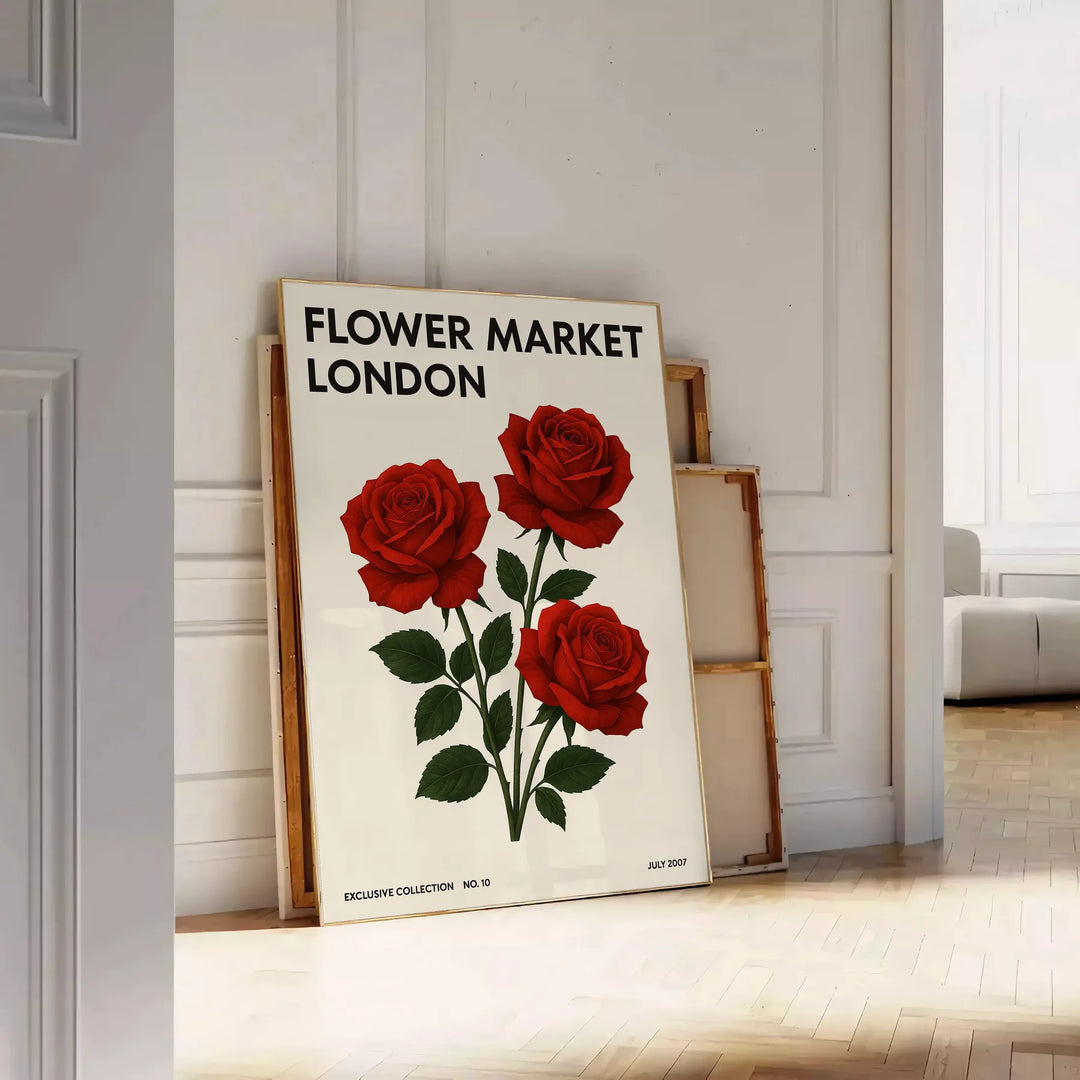 Illustrazione floreale nera e rossa di un mercato dei fiori a Londra