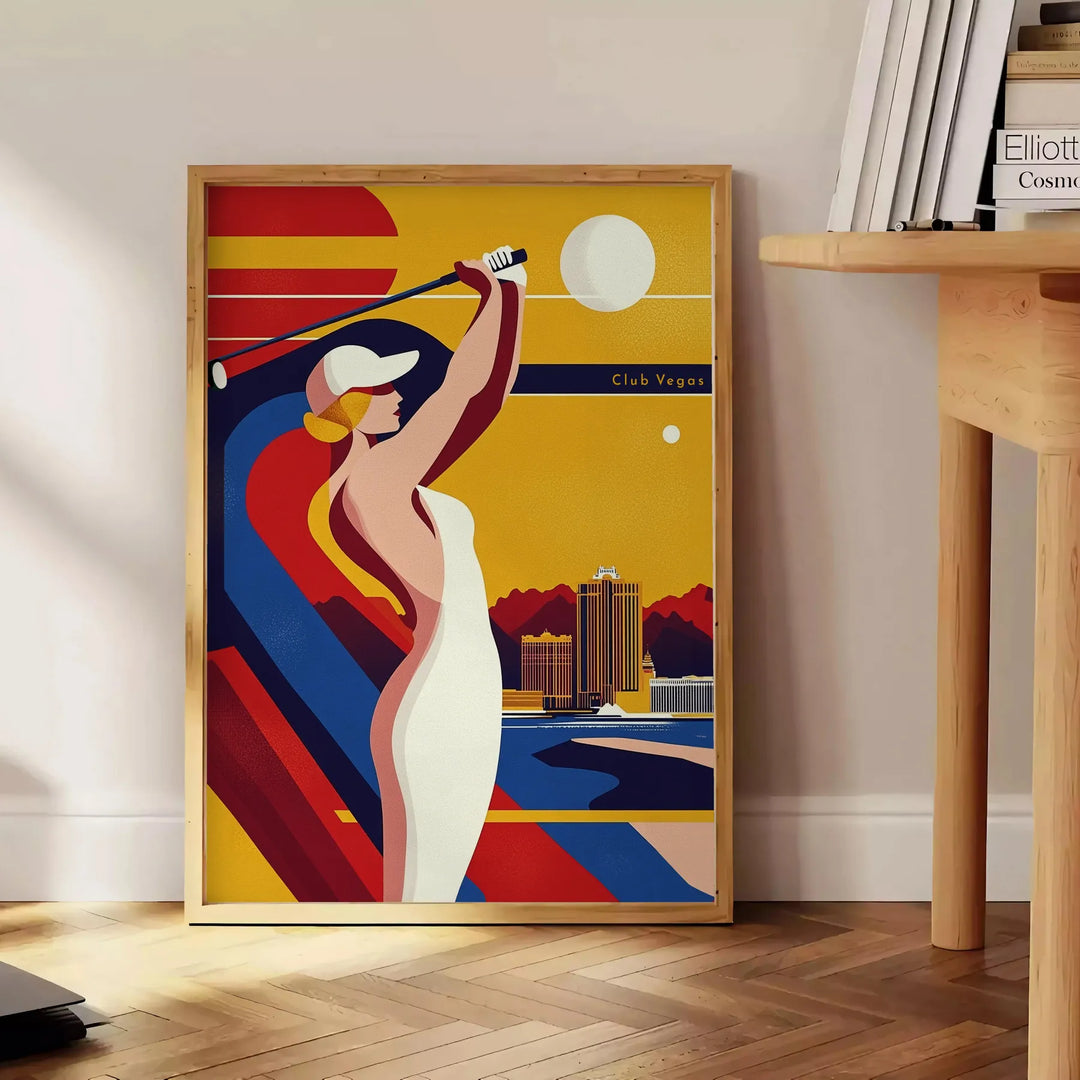 vintage Art Deco golf scene with orange and blue tones in Las Vegas