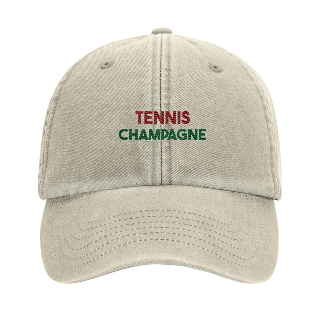Embroidered cap featuring a vintage tennis design with champagne elements