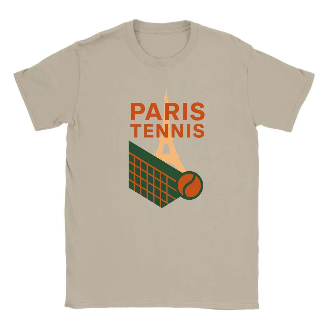 T-shirt featuring a graphic of the Eiffel Tower and a tennis racquet