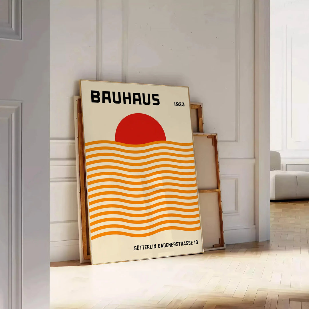 Bauhaus sun poster with red, orange and yellow geometric abstract design