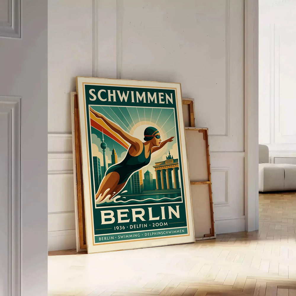 Illustration of swimmers in Berlin, featuring earthy brown and green tones