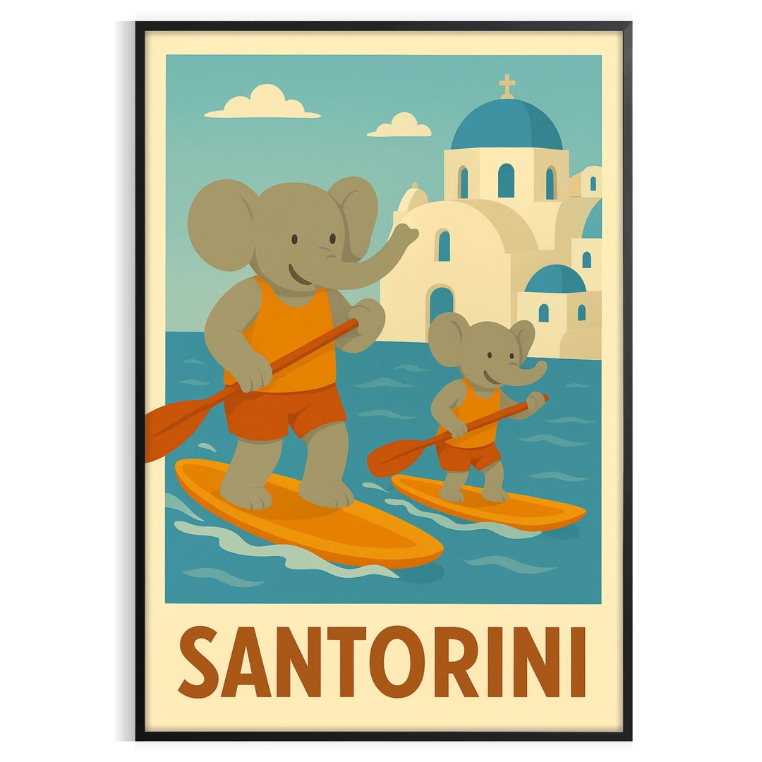 Whimsical illustration of a blue elephant paddling in Santorini