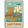 Whimsical illustration of a blue elephant paddling in Santorini