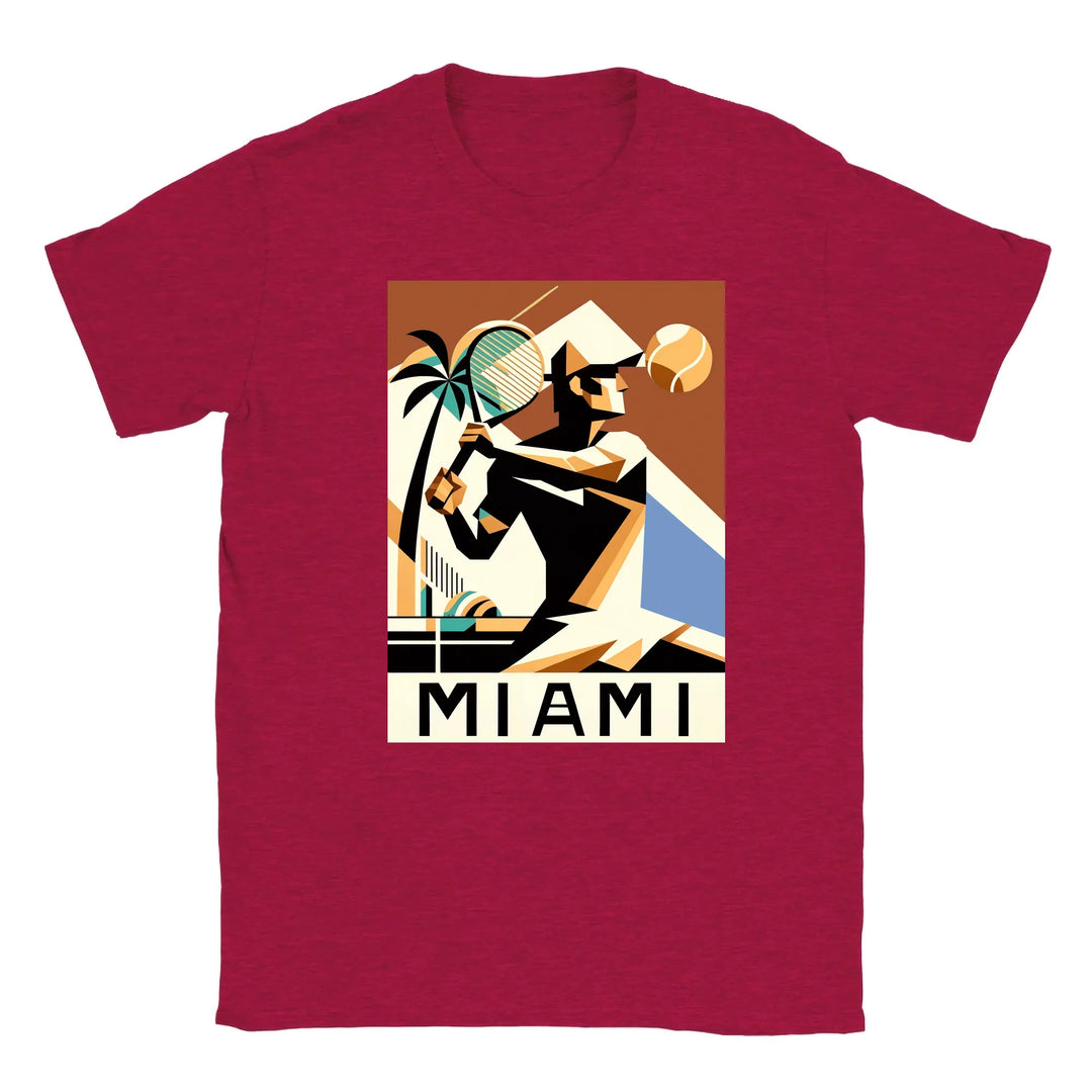 T-shirt featuring a graphic of a Miami tennis court with retro typography