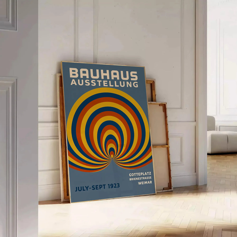 Bauhaus poster featuring abstract blue and green circular geometric design