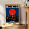 Minimalist depiction of Tokyo skyline at night with neon accents