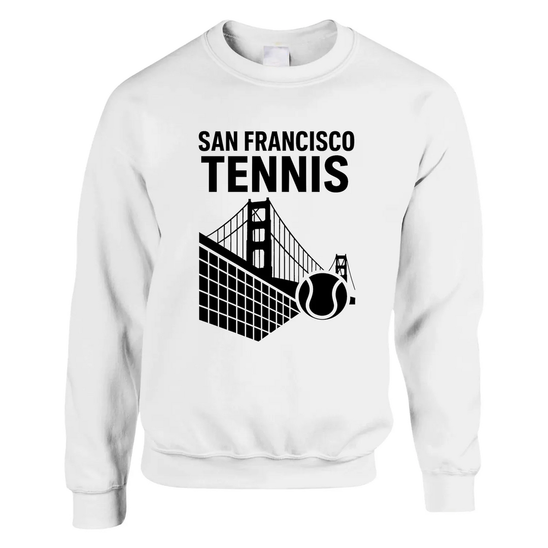 Unisex sweater featuring a graphic of tennis elements with San Francisco skyline