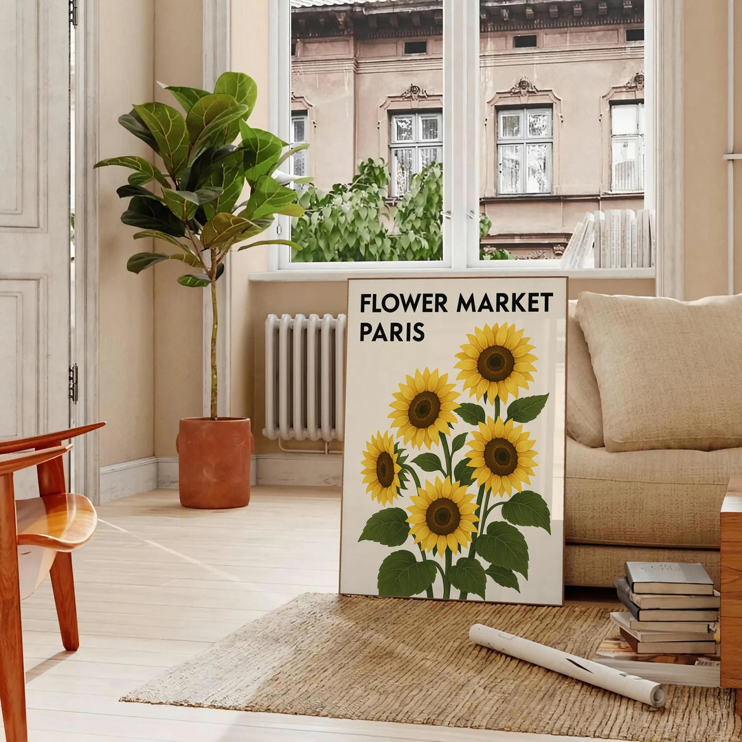 Vintage botanical Paris flower market poster in green and yellow tones