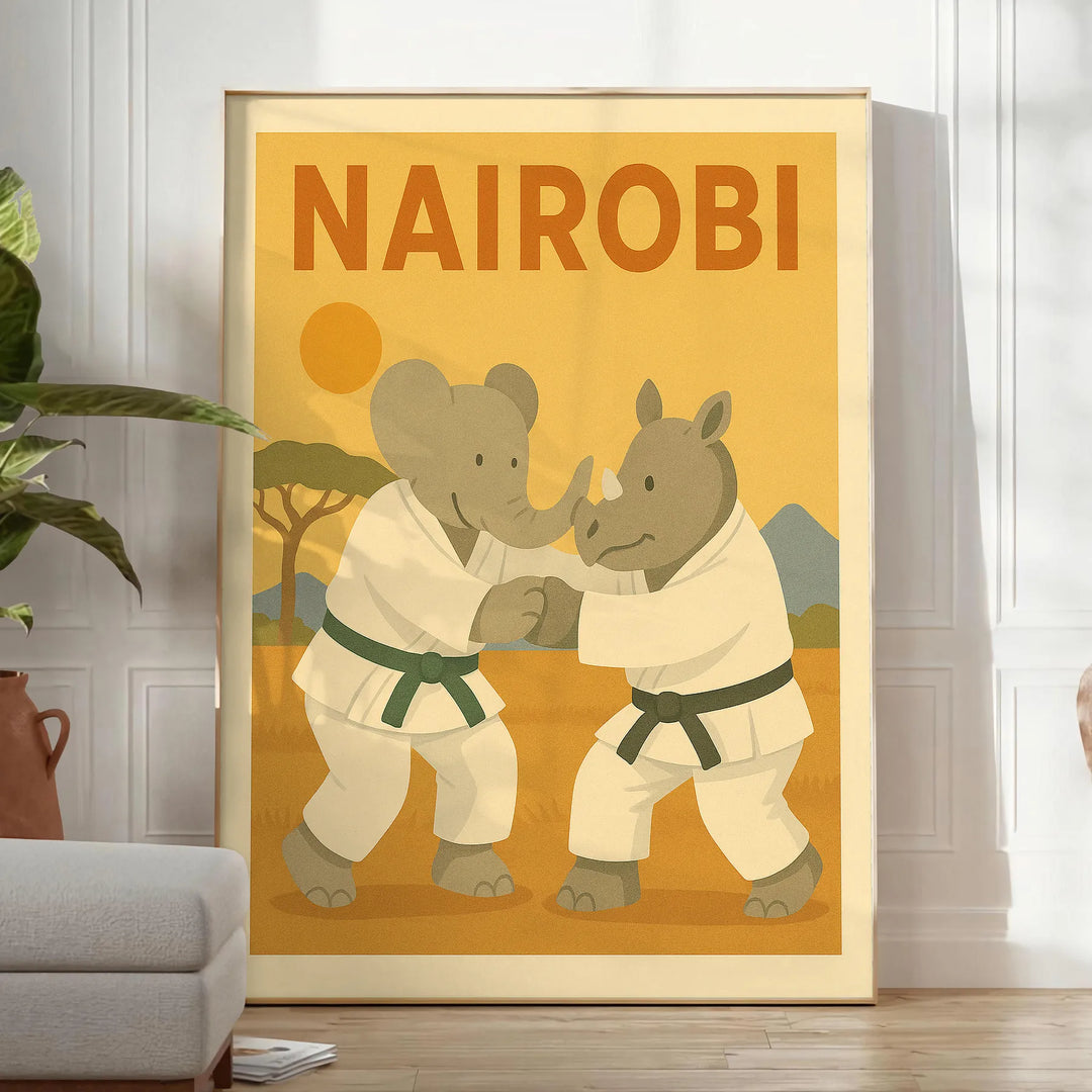 Playful elephant and rhinoceros practicing judo in Nairobi, featuring gray and green tones