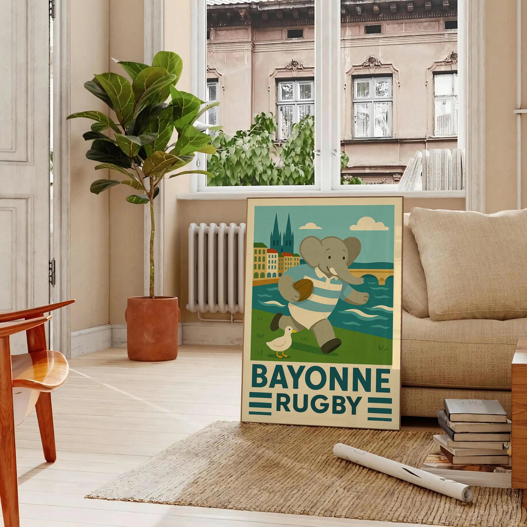 Poster showing a child elephant in vintage art deco rugby illustration