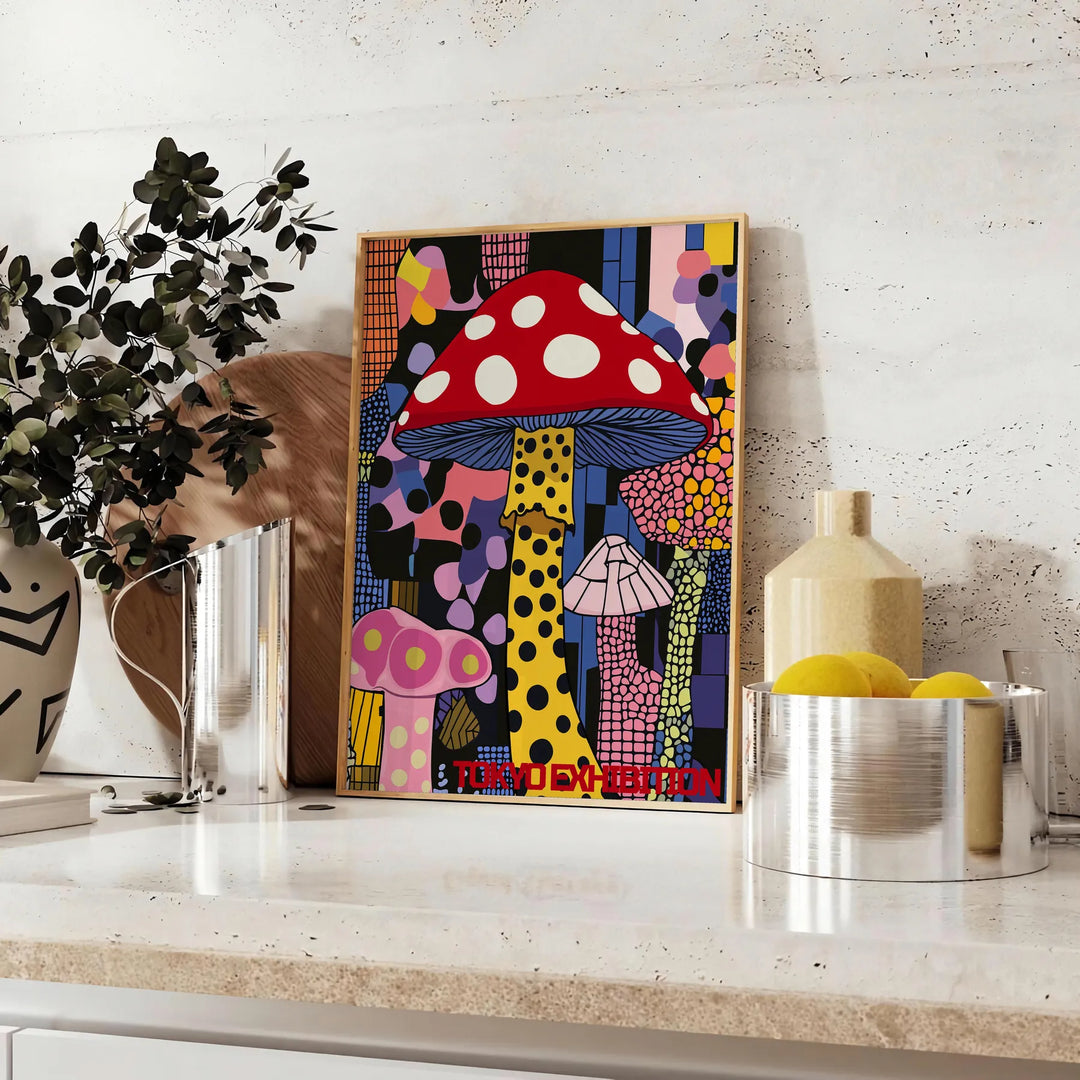 Colorful mushroom with polka dots by Yayoi Kusama, featuring green and black hues