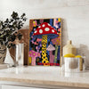 Colorful mushroom with polka dots by Yayoi Kusama, featuring green and black hues